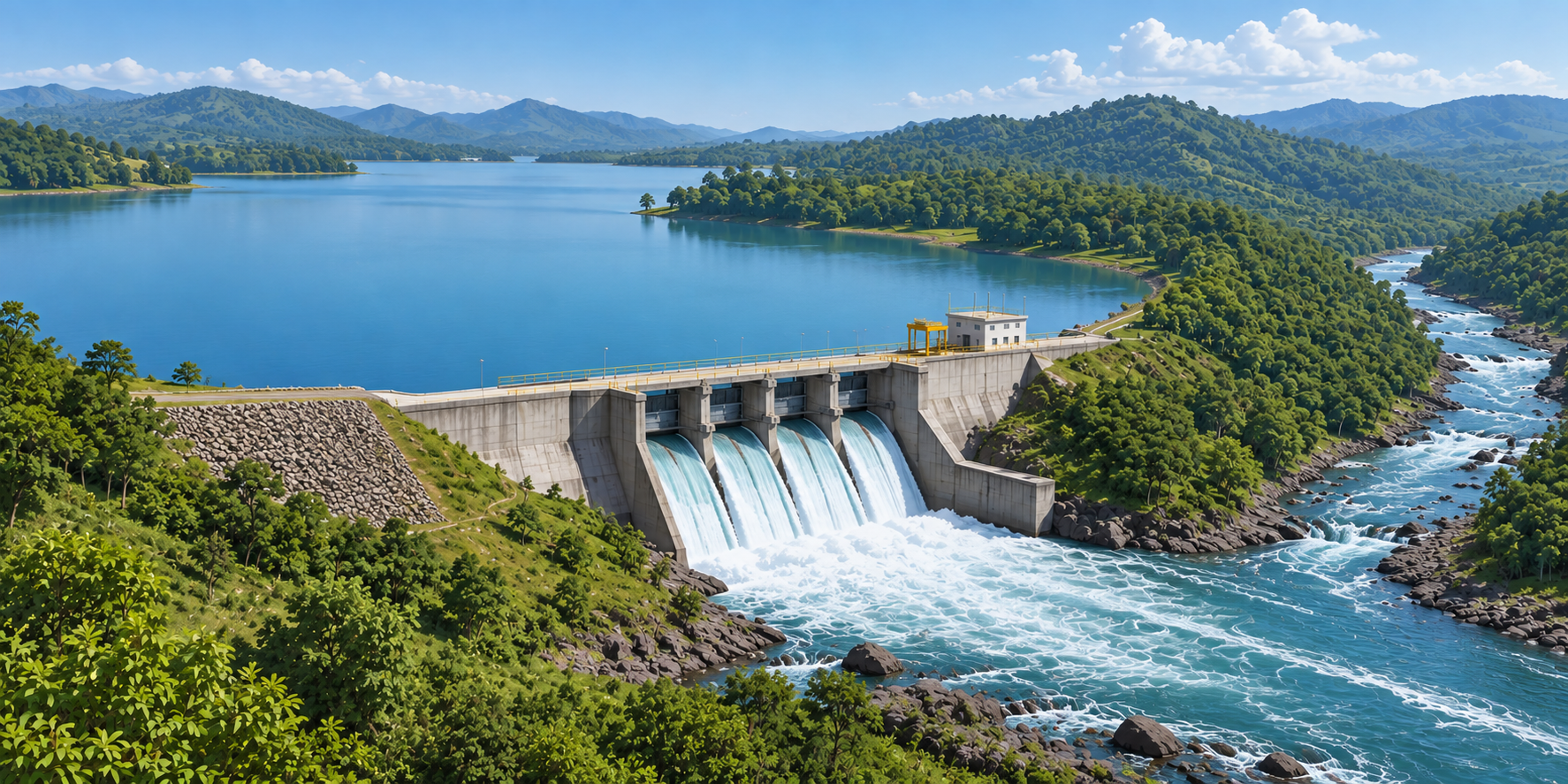 Barragem separando trechos de um sistema aquático.
