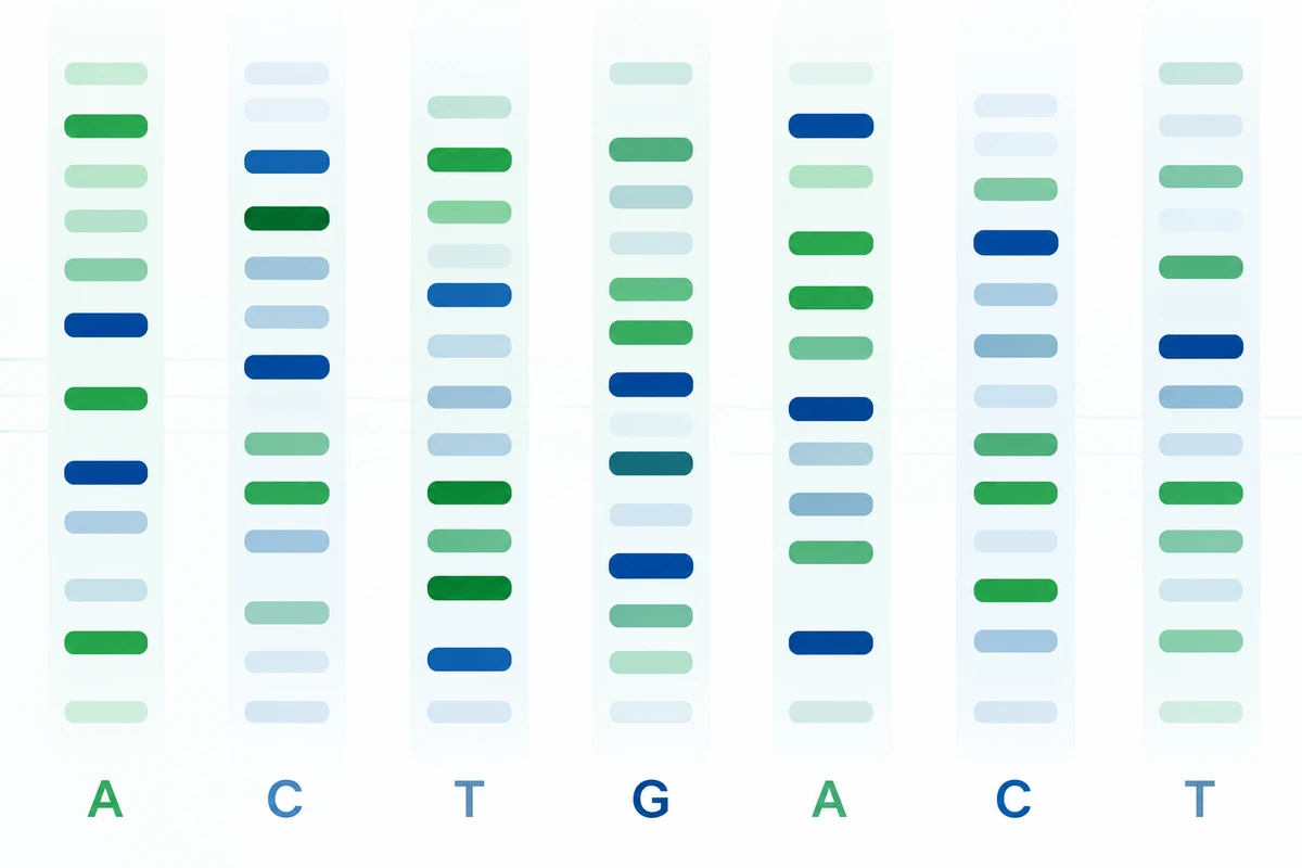 Representação gráfica de dados de sequenciamento com bases A, C, T e G.